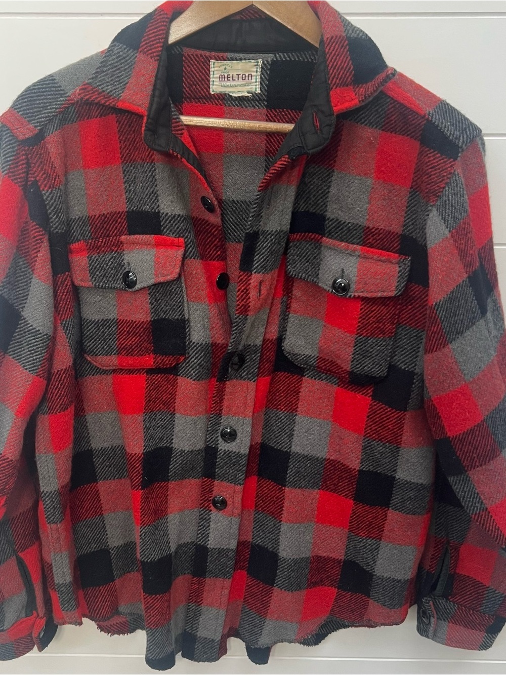 Vintage Melton Wintermaster Wool Buffalo Plaid Jacket Red Gray Black Workwear
